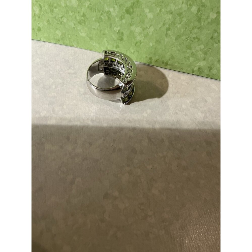 Park Lane Ring Olive Green Silver Tone Faceted Pave CZs Cocktail Statement SZ 7 - Picture 5 of 14